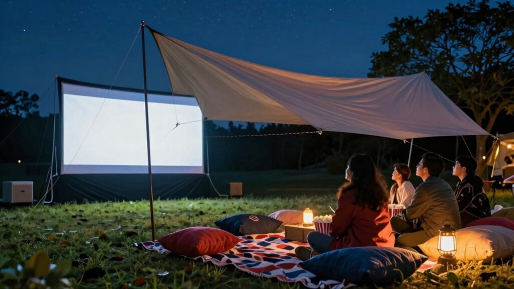 windy outdoor movie preparation